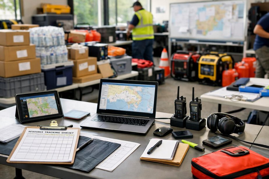 Logistics and liaison workspace with supplies, radios and tracking equipment