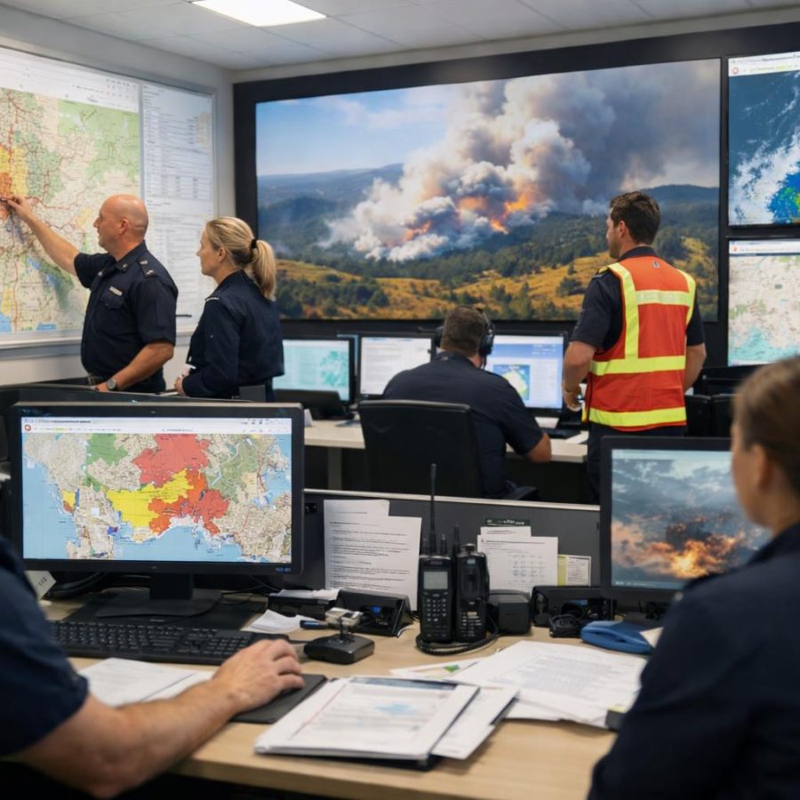 Emergency operations centre with maps, screens and staff coordinating an incident