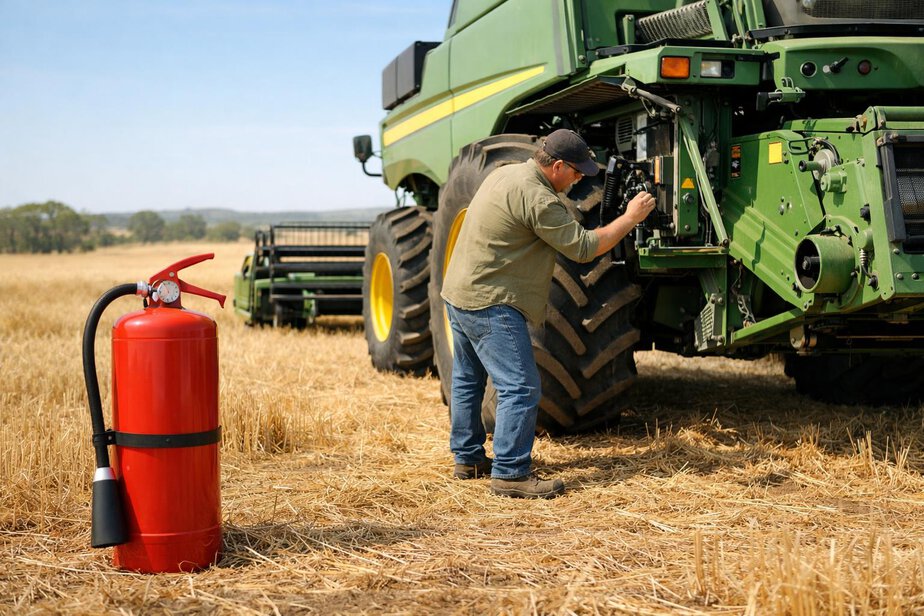 Farm machinery being inspected beside dry crop stubble on a rural property.