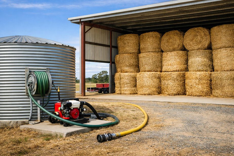 Stored hay bales in a tidy farm shed area with water supply nearby.