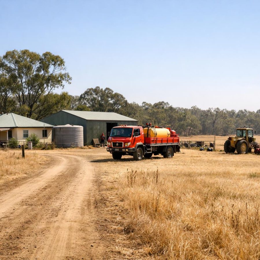 Australian farm buildings, vehicle and water tank on a dry rural property prepared for bushfire season.