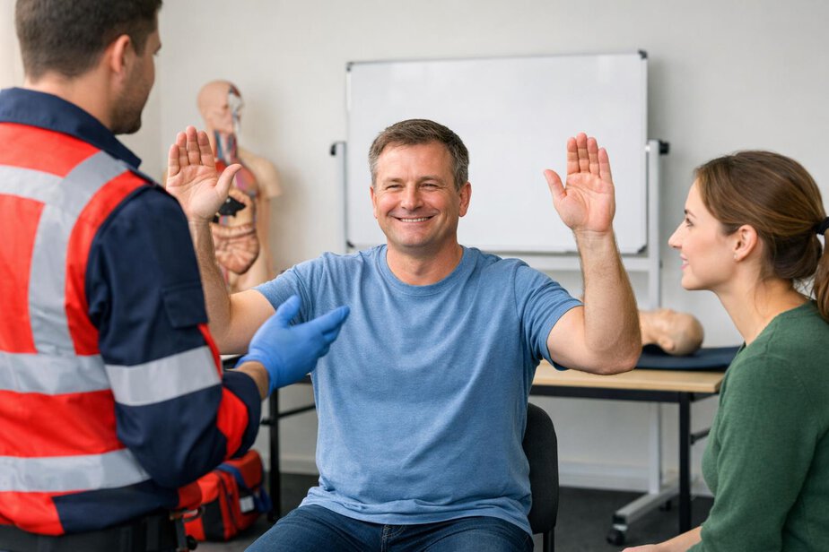 Trainer demonstrating a simple stroke recognition check using face and arm movements