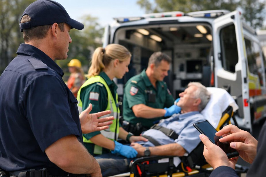 First responder handing over stroke details and timing information to arriving paramedics