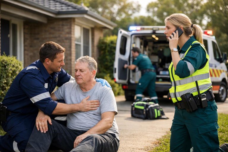 First responders supporting a person with suspected stroke while ambulance help is on the way