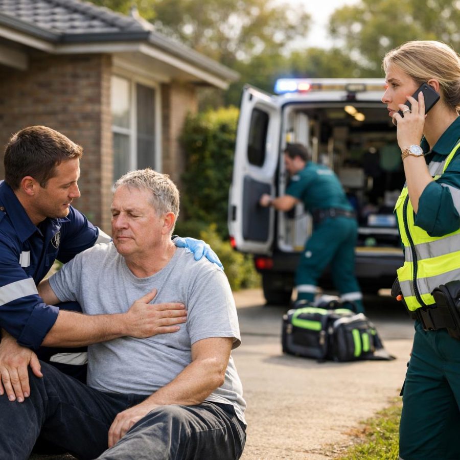 First responders supporting a person with suspected stroke while ambulance help is on the way
