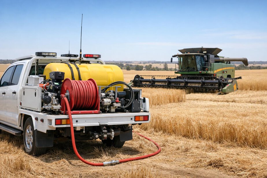 Farm firefighting unit staged near harvesting machinery in a paddock
