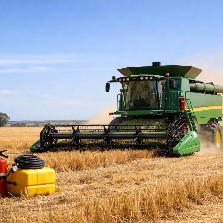 A modern harvester working in a dry Australian paddock during harvest