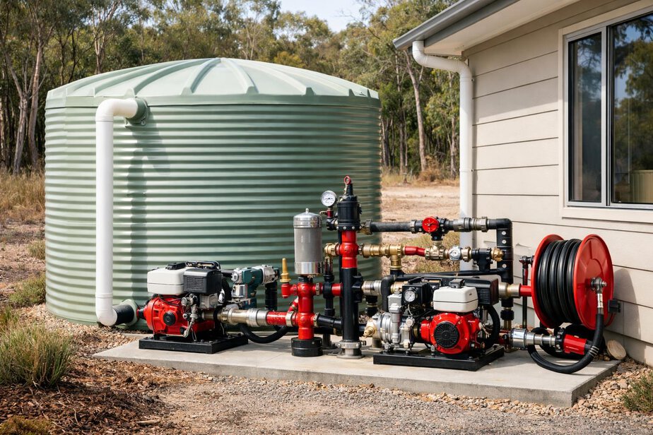 Residential water tank and pump equipment beside a new house