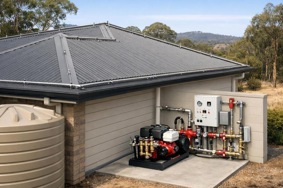Roofline sprinkler and gutter protection system with control equipment in a utility area