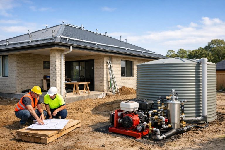 New home construction site with water tank and pump equipment planned for bushfire protection