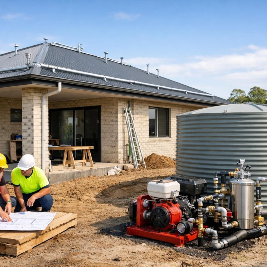 New home construction site with water tank and pump equipment planned for bushfire protection