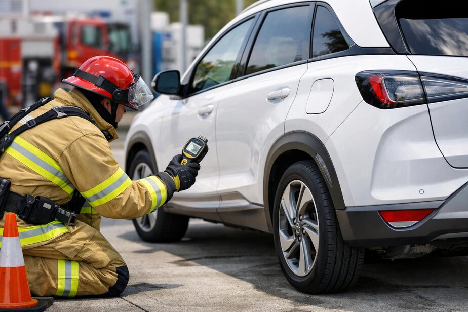 Responder using a gas detector near a hydrogen fuel-cell vehicle.