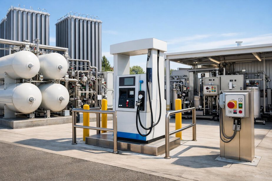 Hydrogen refuelling station equipment including storage vessels and dispensers.