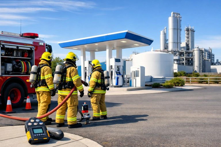 Firefighters staged near a modern hydrogen refuelling station with monitoring equipment.