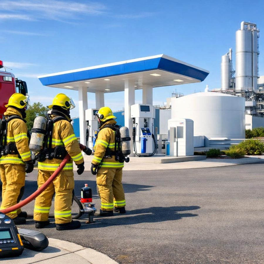Firefighters staged near a modern hydrogen refuelling station with monitoring equipment.