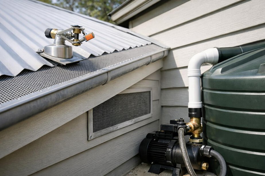 Close-up of residential bushfire protection details including gutter protection and sprinkler hardware