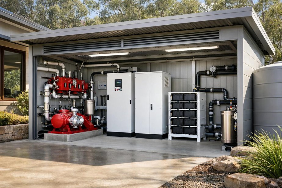 Protected outdoor enclosure housing pumps, control cabinets and backup power equipment for a home protection system