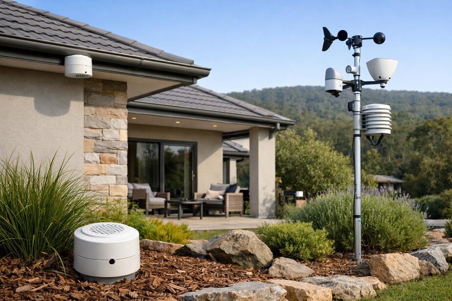 House exterior with multiple sensors positioned around the property