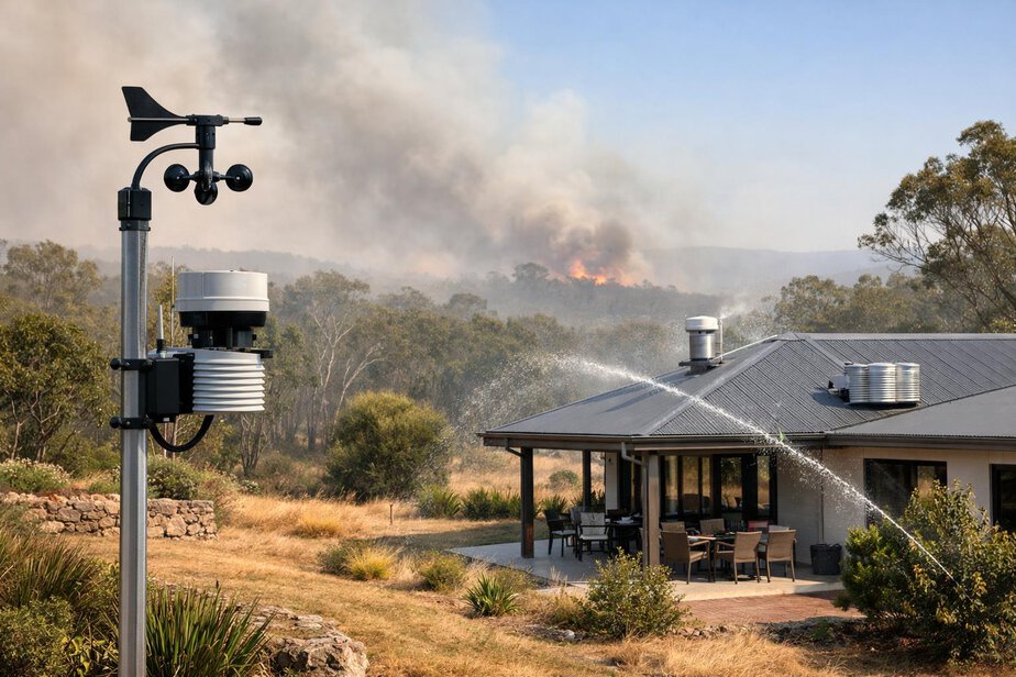 Residential property with weather monitoring equipment during hot windy conditions