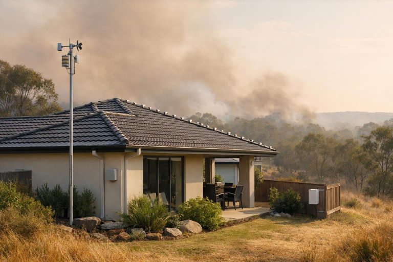 Australian home with outdoor sensors and weather monitoring equipment in a bushfire-prone setting