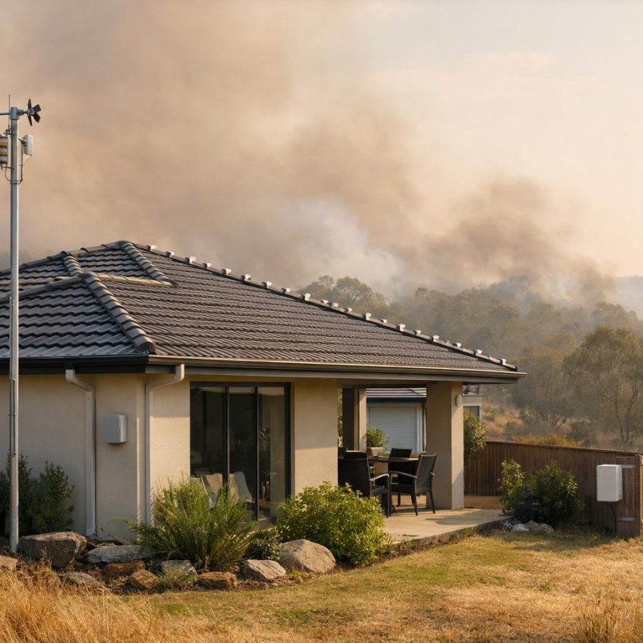 Australian home with outdoor sensors and weather monitoring equipment in a bushfire-prone setting