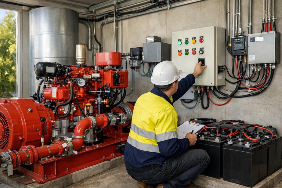 Technician inspecting a residential pump control room with backup power