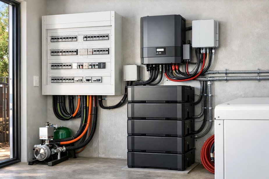 Home utility area with backup battery storage and emergency electrical switchboard