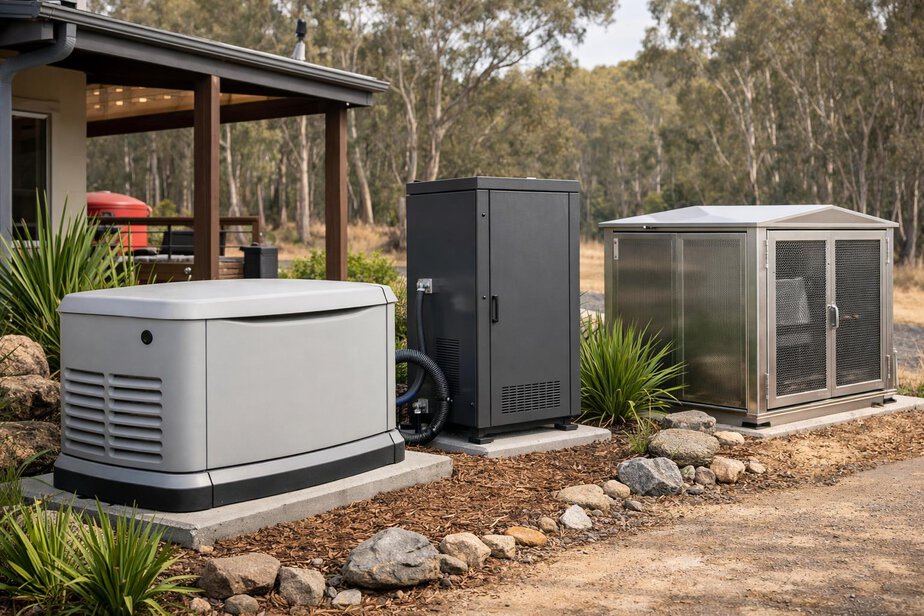 Protected residential generator installed beside backup battery equipment