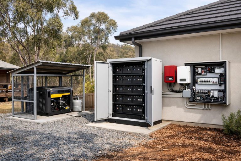Residential bushfire protection power equipment including battery storage, switchboard and a protected generator area