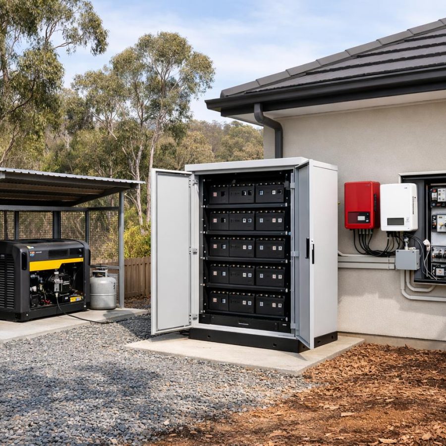 Residential bushfire protection power equipment including battery storage, switchboard and a protected generator area