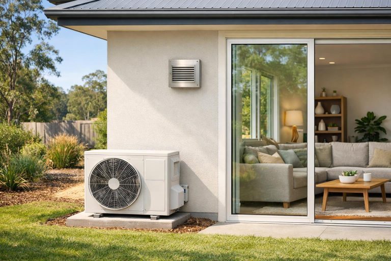 Suburban home with reverse-cycle air-conditioning and discreet filtered ventilation intake