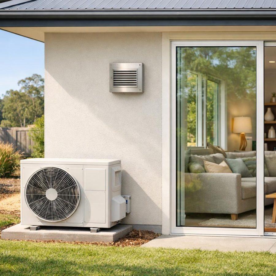Suburban home with reverse-cycle air-conditioning and discreet filtered ventilation intake