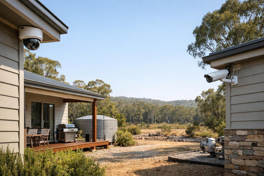 Residential house with mounted exterior cameras covering key areas