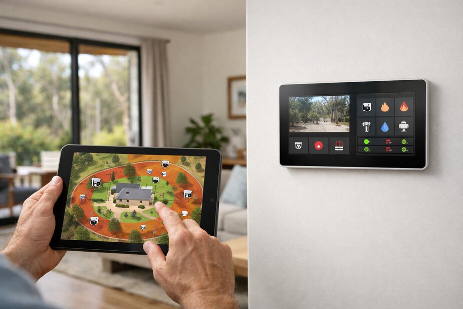 Homeowner viewing a property map and system status on a tablet