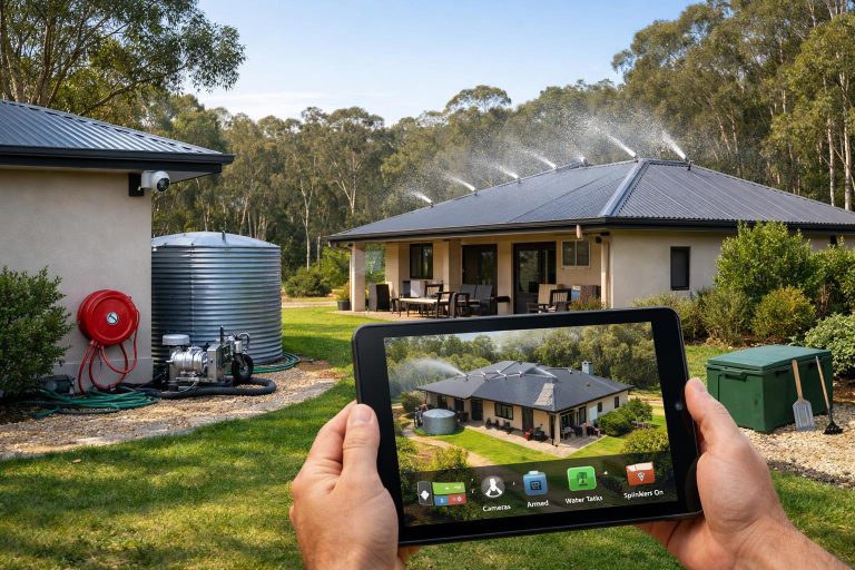 Suburban home with exterior cameras and a tablet showing bushfire monitoring information