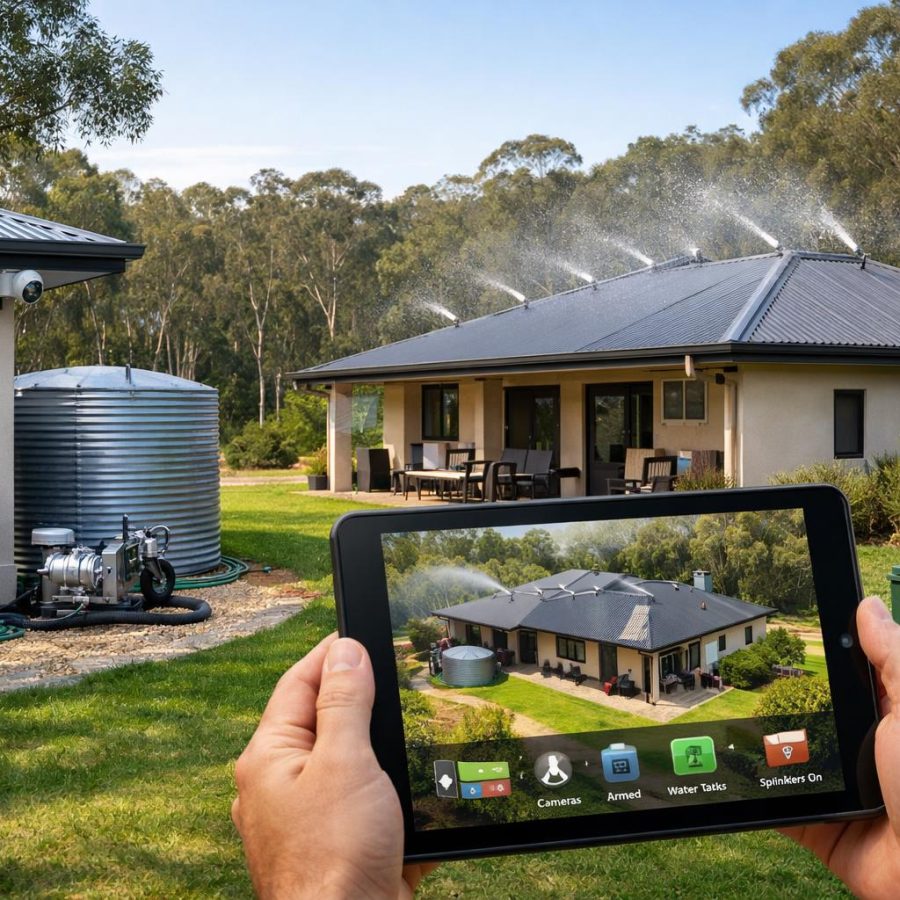 Suburban home with exterior cameras and a tablet showing bushfire monitoring information