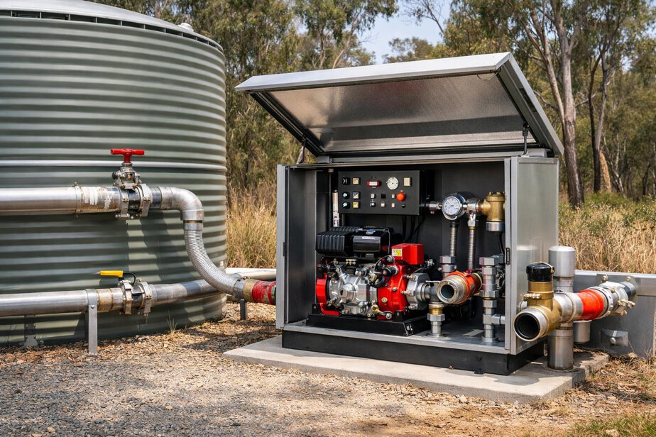 External bushfire protection enclosure with tank access and protected pipework