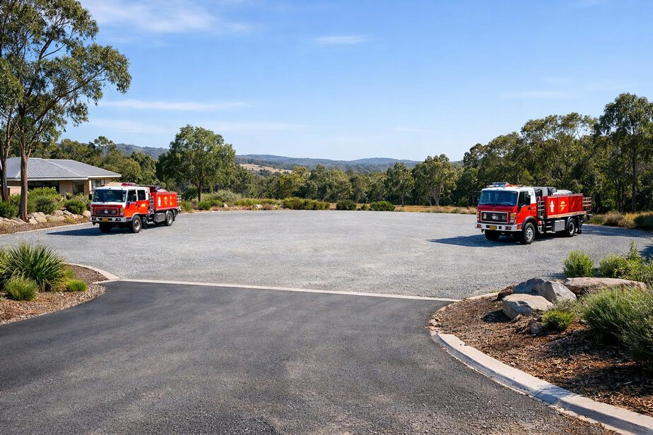 Wide driveway and hardstand area designed for fire appliance access and hose deployment
