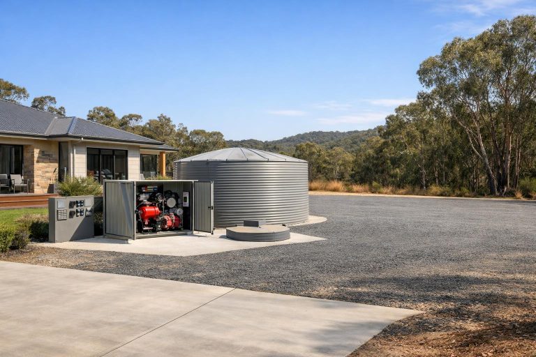 A bushfire-prepared home exterior with water tank access, external control housing and a clear appliance operating area