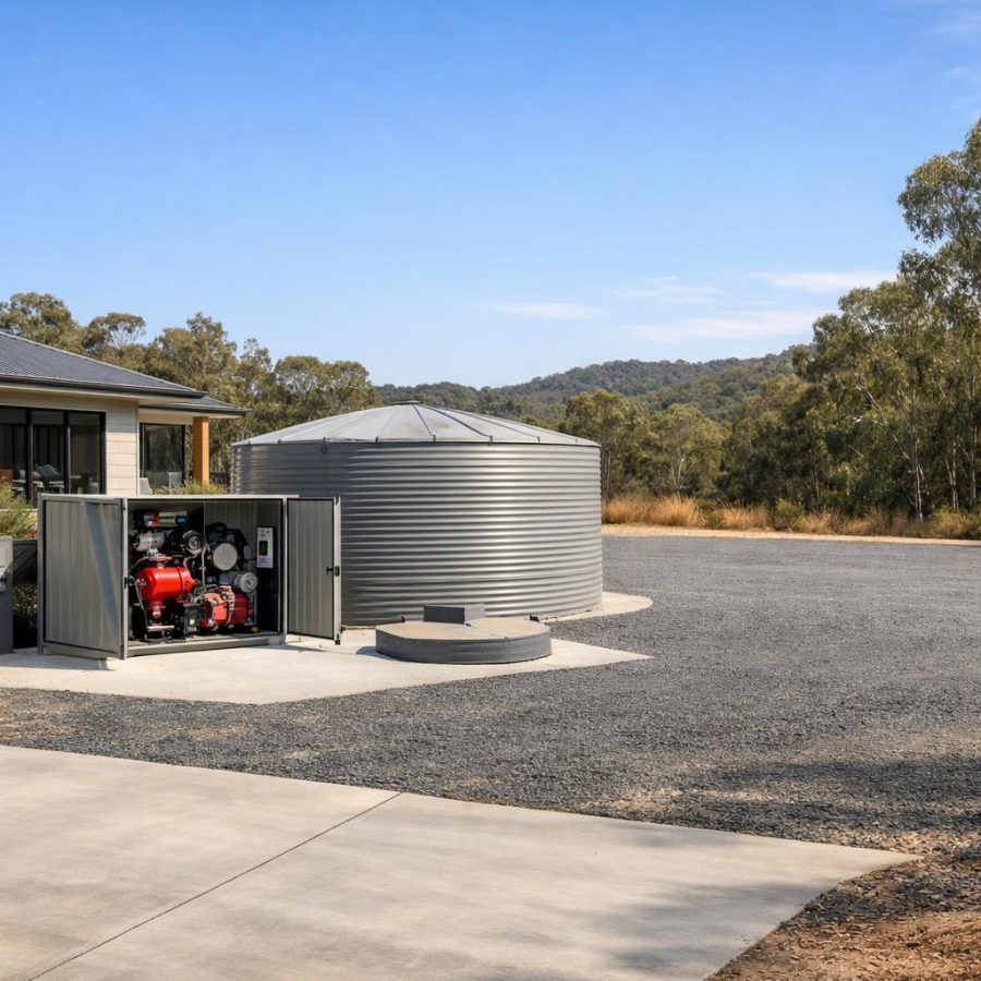 A bushfire-prepared home exterior with water tank access, external control housing and a clear appliance operating area