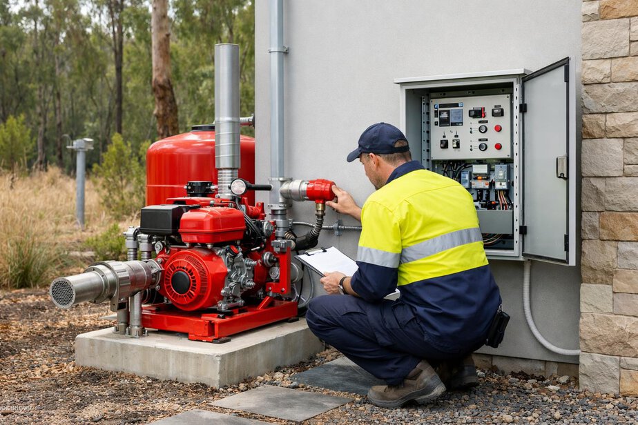 Technician inspecting external bushfire protection equipment at a home