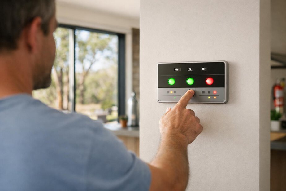 Homeowner viewing a simple bushfire system status panel indoors