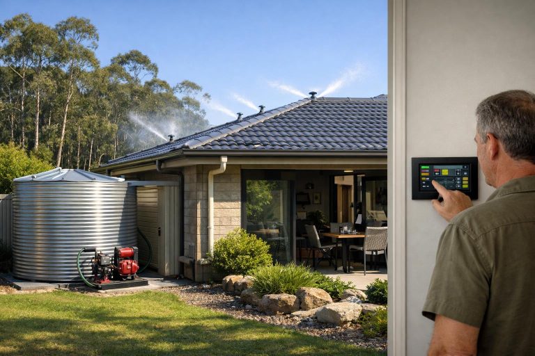 Australian suburban home with visible bushfire protection features and a resident checking a simple monitoring display