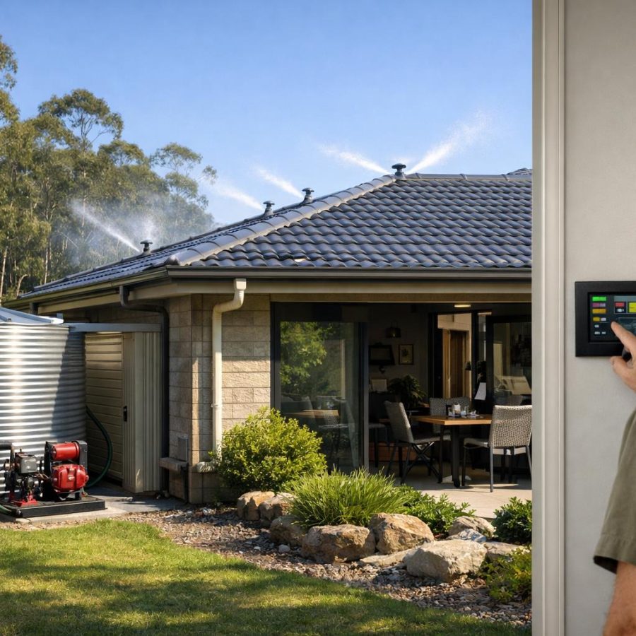 Australian suburban home with visible bushfire protection features and a resident checking a simple monitoring display