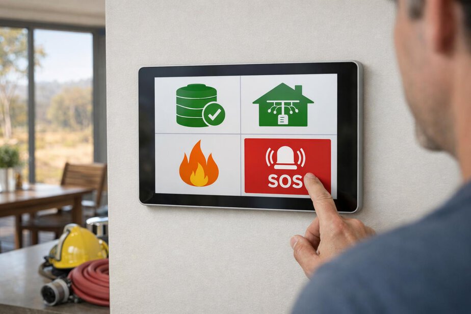 A homeowner reviewing a simple bushfire protection screen with large icons and clear status colours