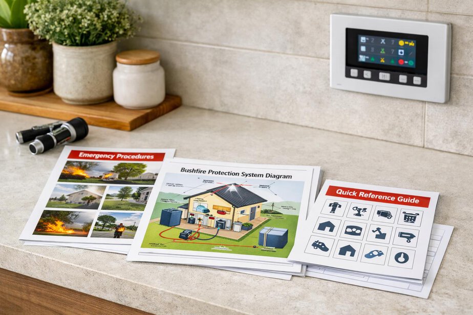 Printed emergency guides, a system diagram and quick-reference sheets displayed beside a control panel