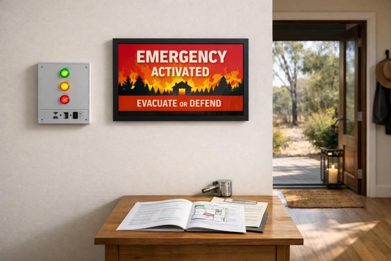 A modern home control panel with simple status lights and printed emergency documents beside it