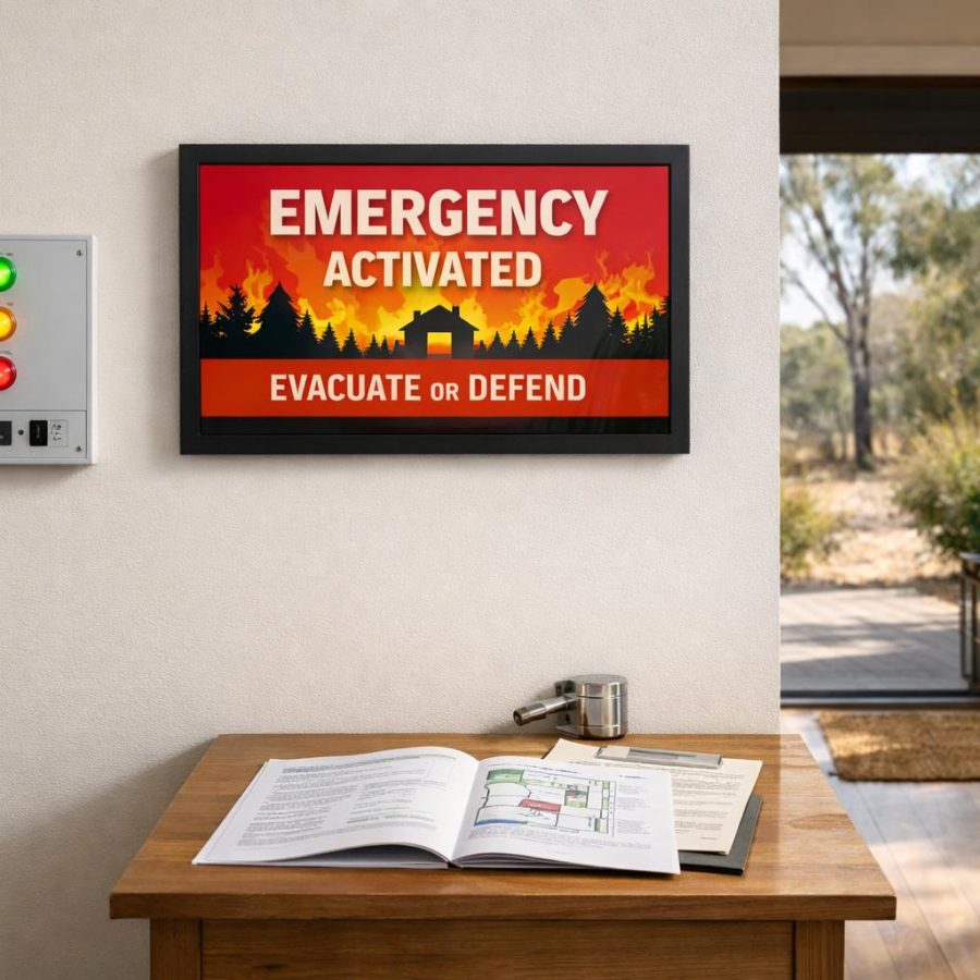 A modern home control panel with simple status lights and printed emergency documents beside it