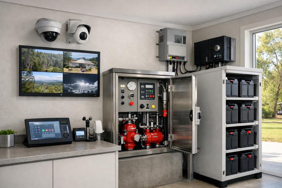 Home utility area with control cabinet, camera equipment and backup power hardware