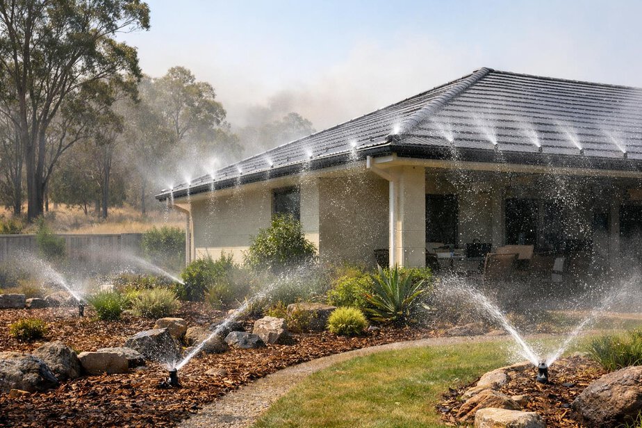 Suburban home yard with sprinkler zones operating around roof edges and ground protection areas